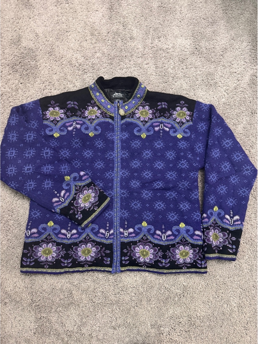 Icelandic Design Purple Wool Floral Zip-Up Sweater Jacket Size L